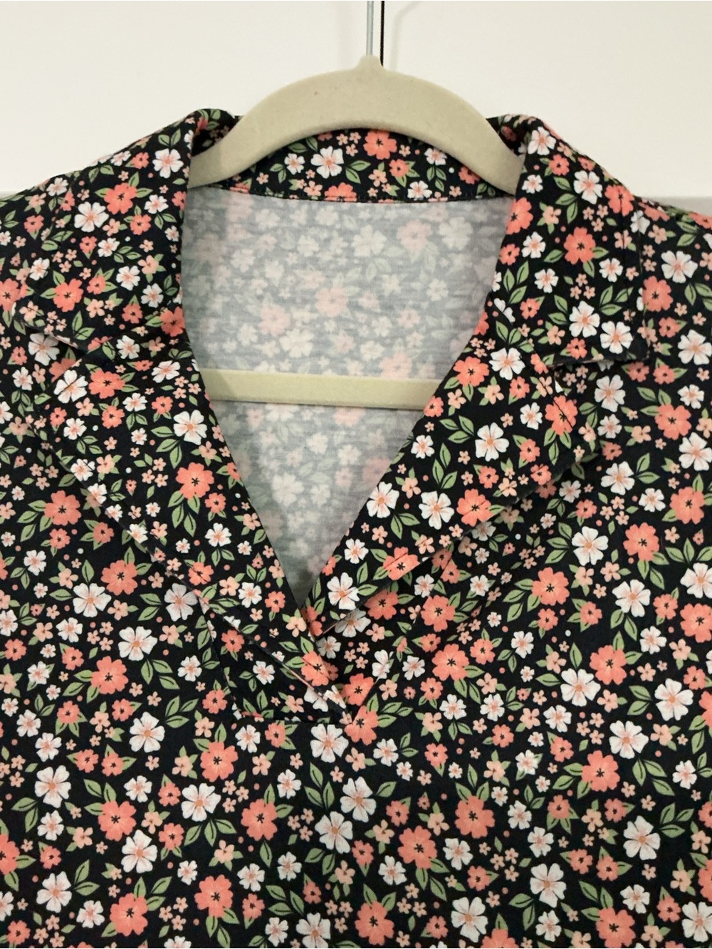 Black Floral Button-Up Top with Coral and White Blooms